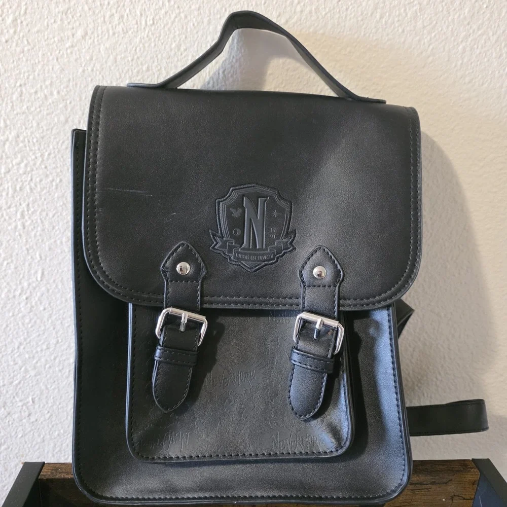 Netflix Wednesday Adams Nevermore Academy Mini Backpack Black Faux Leather...